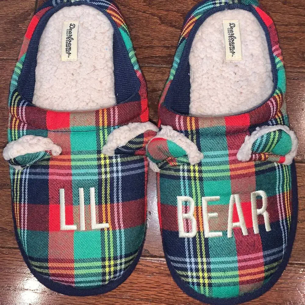 Dearfoams Kids Lil Bear‎ Plaid Memory Foam Slippers Size 4/5